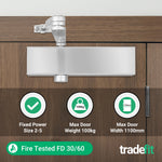 Commercial Grade Fire Door Closer - Power Size 2 - 5 - Door Weight to 100kg - CE Marked - Satin Nickel - tradefit - 5