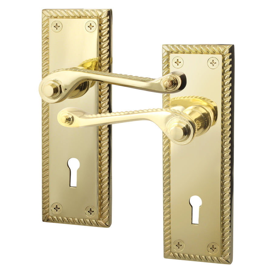 Georgian Rope Edge Scroll Polished Brass Door Handles - Keyhole - tradefit