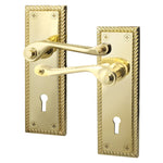 Georgian Rope Edge Scroll Polished Brass Door Handles - Keyhole - tradefit - 1