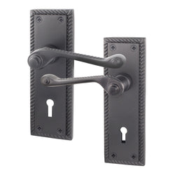 Georgian Rope Edge Scroll Black Lock Door Handles - Keyhole - tradefit