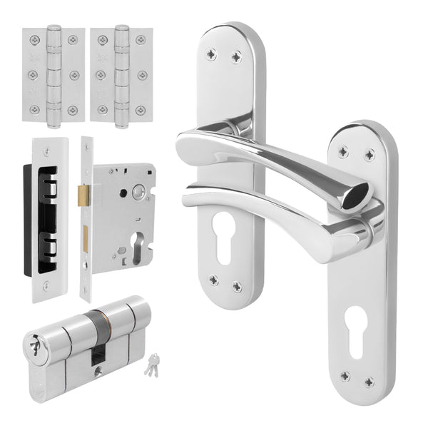 Nola Polished Chrome Lever on Backplate Door Handle Kit - 80mm Euro Sashlock and Double Cylinder - Keyed to Differ - tradefit - Featured Image