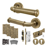 Claro Antique Brass Lever on Rose Door Handle Kit - Heavy Duty FD30/60 - DIN Euro Sashlock and Thumbturn Cylinder - Master Keyed - tradefit - 1