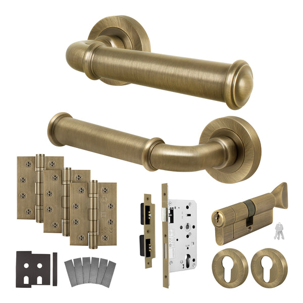 Claro Antique Brass Lever on Rose Door Handle Kit - Heavy Duty FD30/60 - DIN Euro Sashlock and Thumbturn Cylinder - Keyed Alike - tradefit - Featured Image