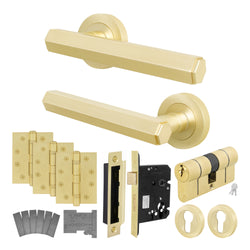 Moreno Satin Brass Lever on Rose Door Handle Kit - Medium Duty FD30/60 - 80mm Euro Sashlock and Double Cylinder - Keyed to Differ - tradefit