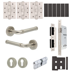 Santana Satin Nickel Lever on Rose Door Handle Kit - Heavy Duty FD30/60 - DIN Euro Sashlock and Double Cylinder - Master Keyed - tradefit