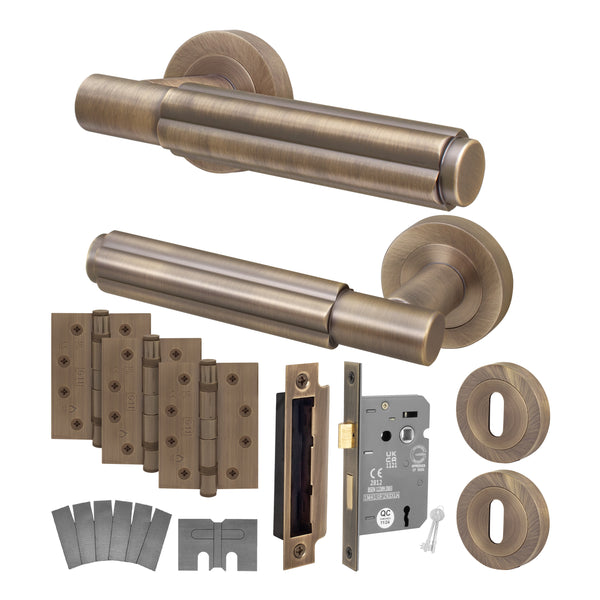 Flores Antique Brass Lever on Rose Door Handle Kit - Medium Duty FD30/60 - 80mm Sashlock - tradefit - Featured Image