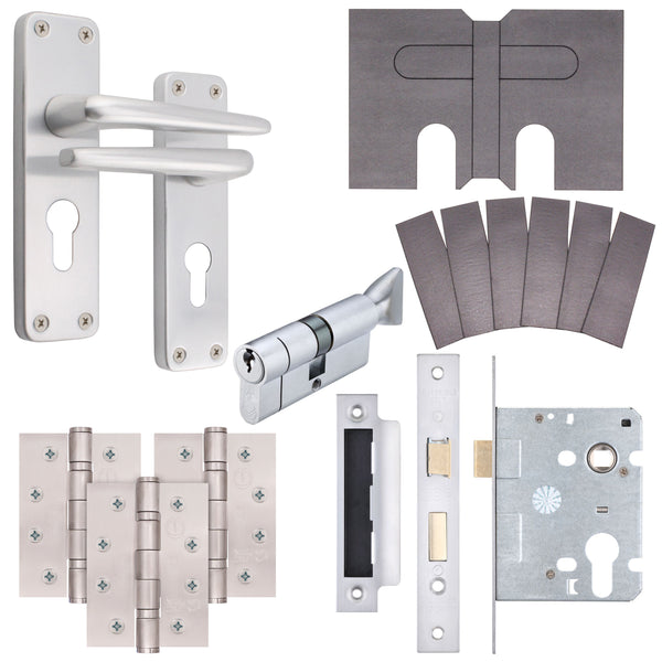 Contractor Satin Aluminium Door Handle Fire Door Pack - Euro Sashlock and Thumbturn Cylinder - FD30/60 - tradefit - Featured Image