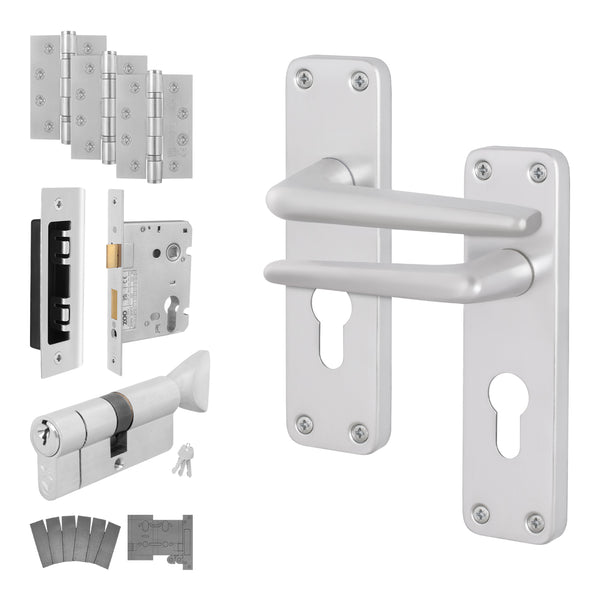 Satin Aluminium Contract Lever Door Handle Kit - Medium Duty FD30/60 - 80mm Euro Sashlock and Thumbturn Cylinder - Keyed Alike - tradefit - Featured Image