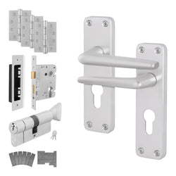 Satin Aluminium Contract Lever Door Handle Kit - Medium Duty FD30/60 - 80mm Euro Sashlock and Thumbturn Cylinder - Keyed to Differ - tradefit