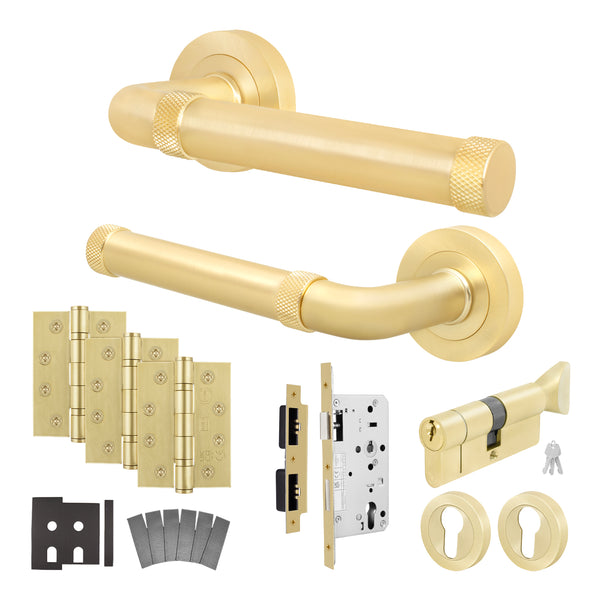 Santana Satin Brass Lever on Rose Door Handle Kit - Heavy Duty FD30/60 - DIN Euro Sashlock and Thumbturn Cylinder - Master Keyed - tradefit - Featured Image