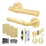 Santana Satin Brass Lever on Rose Door Handle Kit - Heavy Duty FD30/60 - DIN Euro Sashlock and Thumbturn Cylinder - Keyed to Differ - tradefit - 1