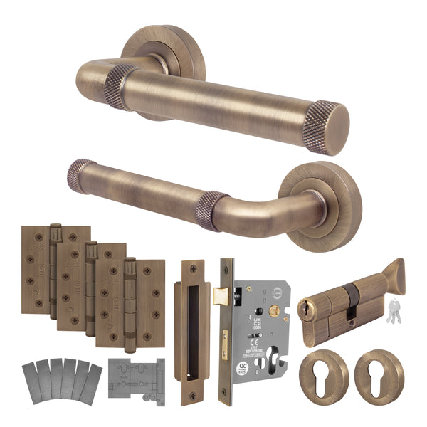Santana Antique Brass Lever on Rose Door Handle Kit - Medium Duty FD30/60 - 80mm Euro Sashlock and Thumbturn Cylinder - Master Keyed - tradefit - Featured Image