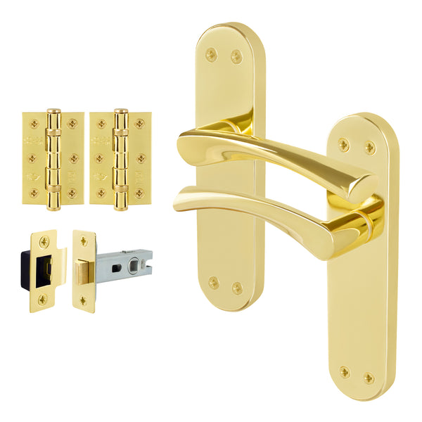 Nola Brass Plated Lever on Backplate Door Handle Pack – 64mm Latch - tradefit - Featured Image