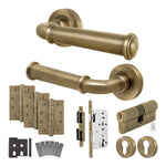 Claro Antique Brass Lever on Rose Door Handle Kit - Heavy Duty FD30/60 - DIN Euro Sashlock and Double Cylinder - Keyed to Differ - tradefit - 1