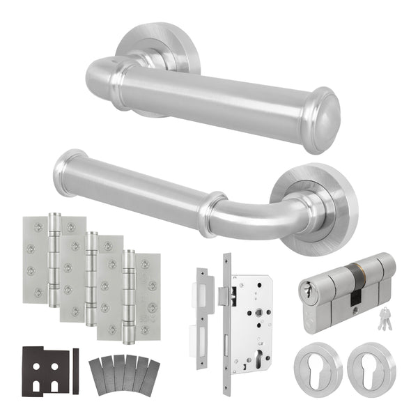 Claro Satin Nickel Lever on Rose Door Handle Kit - Heavy Duty FD30/60 - DIN Euro Sashlock and Double Cylinder - Keyed Alike - tradefit - Featured Image