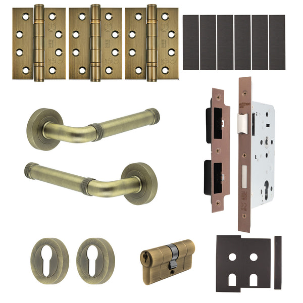 Santana Antique Brass Lever on Rose Door Handle Kit - Heavy Duty FD30/60 - DIN Euro Sashlock and Double Cylinder - Keyed to Differ - tradefit - Featured Image