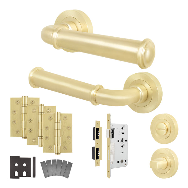 Claro Satin Brass Lever on Rose Door Handle Kit - Heavy Duty FD30/60 - DIN Bathroom Lock - tradefit - Featured Image