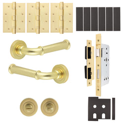 Claro Satin Brass Lever on Rose Door Handle Kit - Heavy Duty FD30/60 - DIN Bathroom Lock - tradefit