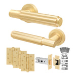 Flores Satin Brass Lever on Rose Door Handle Kit - Medium Duty FD30/60 - 76mm Latch - tradefit - 1