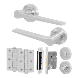 Tapera Satin Nickel Lever on Rose Door Handle Kit - 64mm Bathroom Lock - tradefit