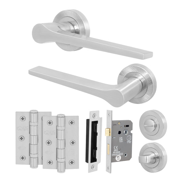 Tapera Satin Nickel Lever on Rose Door Handle Kit - 64mm Bathroom Lock - tradefit - Featured Image