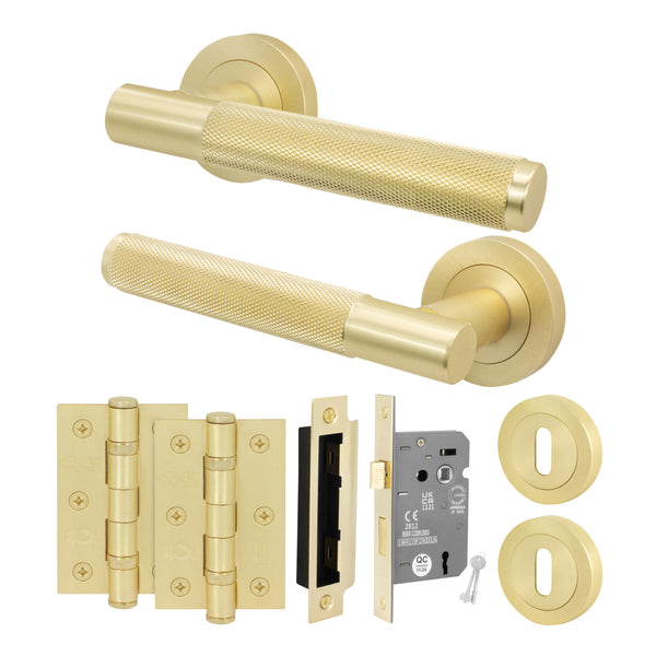 Dumont Satin Brass Lever on Rose Door Handle Kit - Sashlock - Featured Image