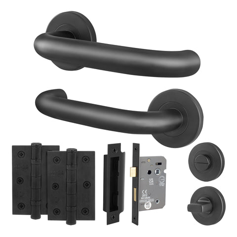 Return to Door Lever on Rose Matt Black Door Handle Kit - Medium Duty - 64mm Bathroom Lock