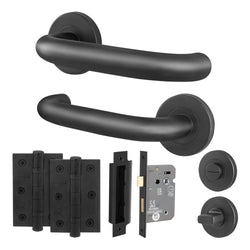 Return to Door Lever on Rose Matt Black Door Handle Kit - Medium Duty - 80mm Bathroom Lock - tradefit