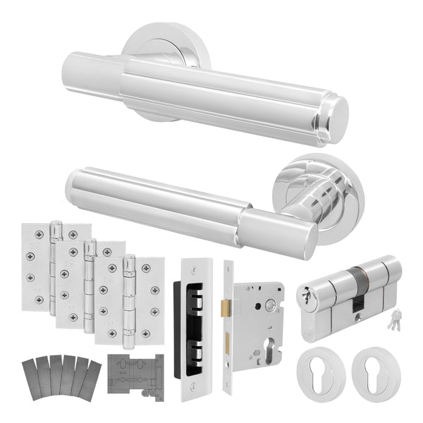 Flores Polished Chrome Lever on Rose Door Handle Kit - Medium Duty FD30/60 - 80mm Euro Sashlock and Double Cylinder - Master Keyed - tradefit - Featured Image