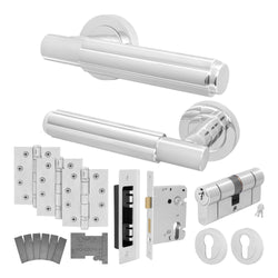 Flores Polished Chrome Lever on Rose Door Handle Kit - Medium Duty FD30/60 - 80mm Euro Sashlock and Double Cylinder - Keyed to Differ - tradefit