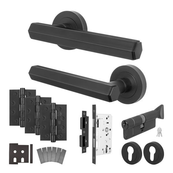 Moreno Matt Black Lever on Rose Door Handle Kit - Heavy Duty FD30/60 - DIN Euro Sashlock and Thumbturn Cylinder - Keyed Alike - tradefit - Featured Image
