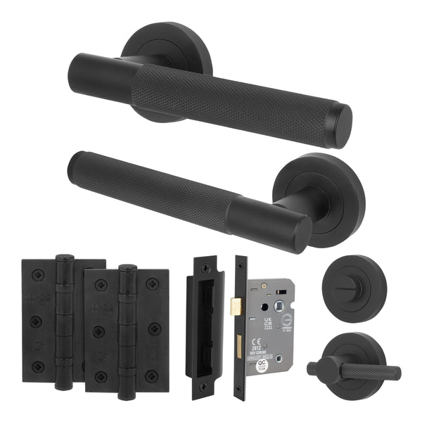 Dumont Matt Black Lever on Rose Door Handle Kit - 64mm Bathroom Lock - tradefit - Featured Image