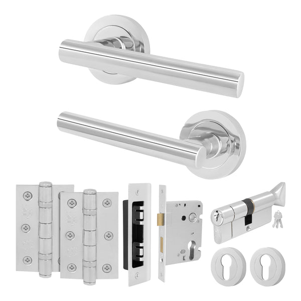 Olbia Polished Chrome Lever on Rose Door Handle Kit - 80mm Euro Sashlock and Thumbturn Cylinder - Master Keyed - tradefit - Featured Image