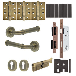 Claro Antique Brass Lever on Rose Door Handle Kit - Heavy Duty FD30/60 - DIN Euro Sashlock and Thumbturn Cylinder - Keyed to Differ - tradefit