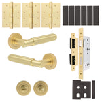 Flores Satin Brass Lever on Rose Door Handle Kit - Heavy Duty FD30/60 - DIN Bathroom Lock - tradefit - 1
