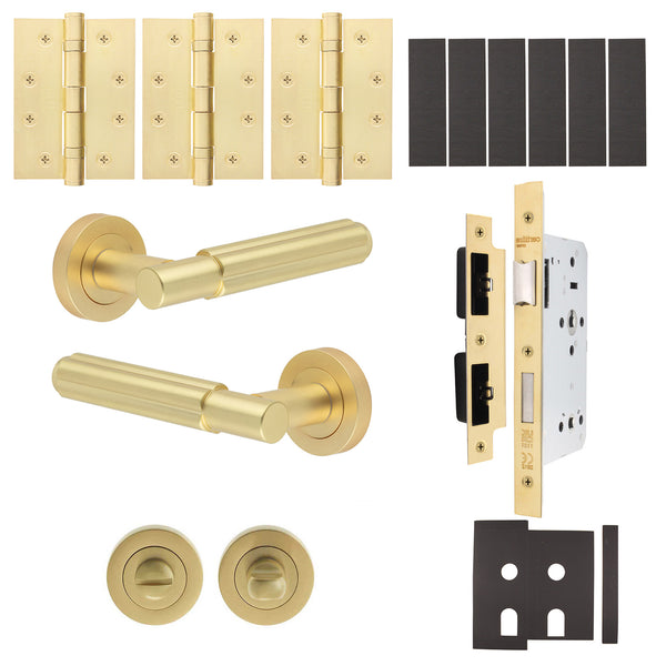 Flores Satin Brass Lever on Rose Door Handle Kit - Heavy Duty FD30/60 - DIN Bathroom Lock - tradefit - Featured Image