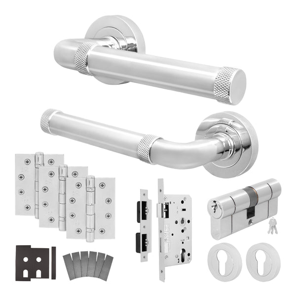 Santana Polished Chrome Lever on Rose Door Handle Kit - Heavy Duty FD30/60 - DIN Euro Sashlock and Double Cylinder - Keyed Alike - tradefit - Featured Image