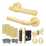 Santana Satin Brass Lever on Rose Door Handle Kit - Medium Duty FD30/60 - 80mm Euro Sashlock and Thumbturn Cylinder - Keyed Alike - 2