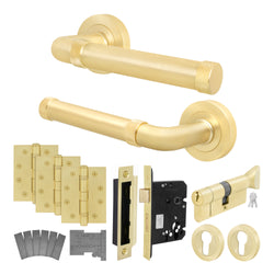 Santana Satin Brass Lever on Rose Door Handle Kit - Medium Duty FD30/60 - 80mm Euro Sashlock and Thumbturn Cylinder - Keyed to Differ - tradefit