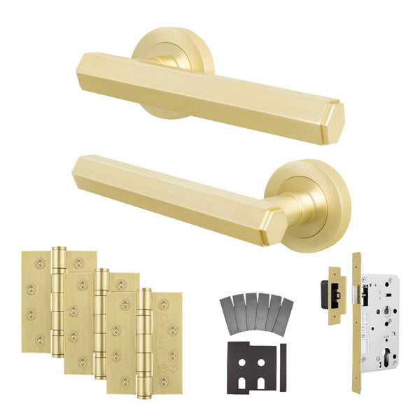 Moreno Satin Brass Lever on Rose Door Handle Kit - Heavy Duty FD30/60 - DIN Latch - tradefit - Featured Image