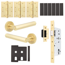 Moreno Satin Brass Lever on Rose Door Handle Kit - Heavy Duty FD30/60 - DIN Latch - tradefit