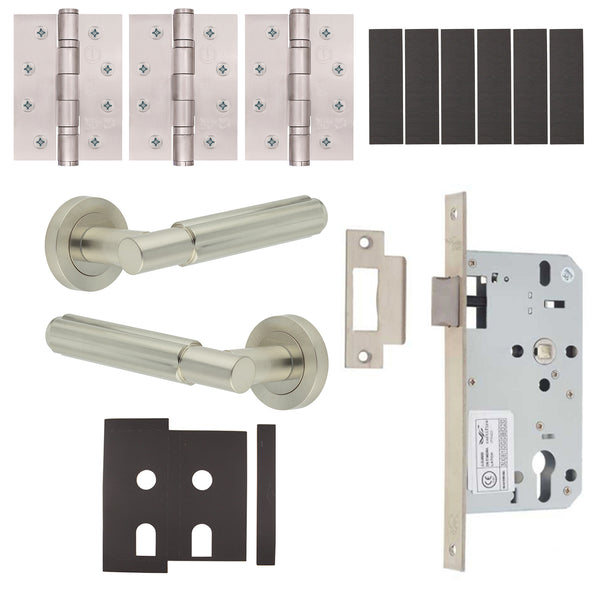 Flores Satin Nickel Lever on Rose Door Handle Kit - Heavy Duty FD30/60 - DIN Latch - tradefit - Featured Image