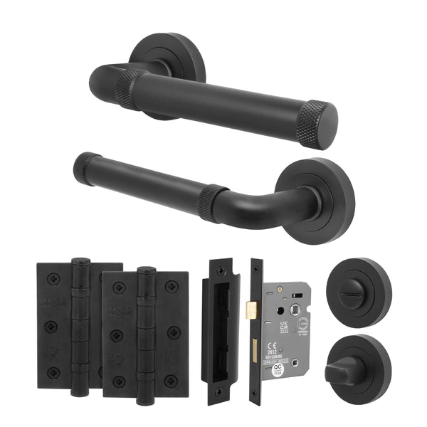 Santana Matt Black Lever on Rose Door Handle Kit - 64mm Bathroom Lock - tradefit - Featured Image