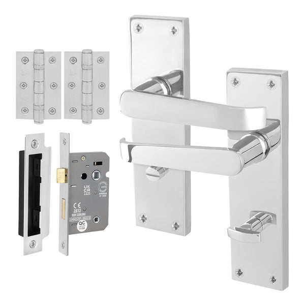 Straight Pattern Polished Chrome Door Handle Pack - 80mm Bathroom Lock - tradefit - Featured Image