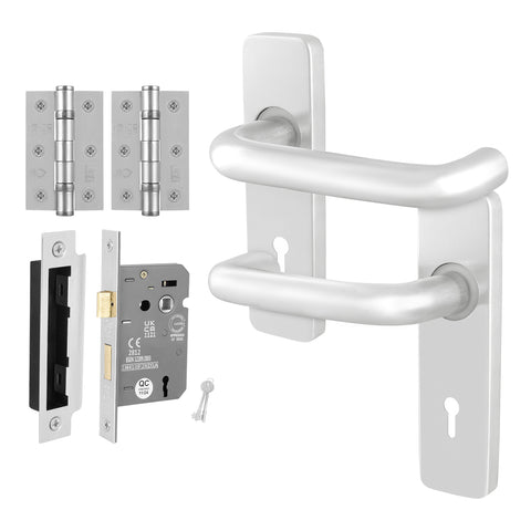 Return to Door Lever on Backplate Satin Aluminium Door Handle Kit - Medium Duty - 80mm Sashlock - tradefit