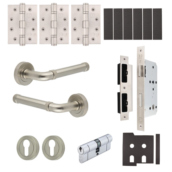 Santana Satin Nickel Lever on Rose Door Handle Kit - Medium Duty FD30/60 - 80mm Euro Sashlock and Double Cylinder - Master Keyed - tradefit - Featured Image