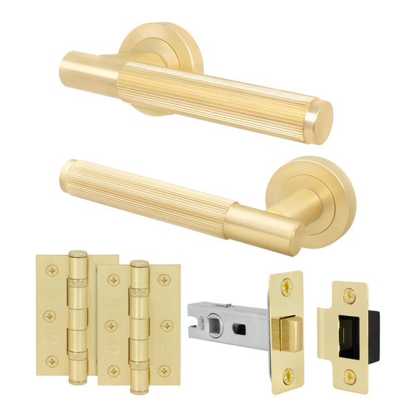 Aurora Satin Brass Lever on Rose Door Handle Kit - 64mm Latch - Featured Image