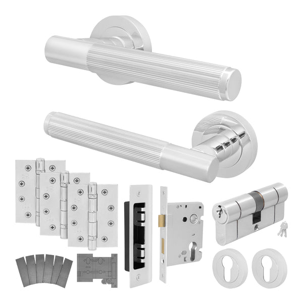 Aurora Polished Chrome Lever on Rose Door Handle Kit - Medium Duty FD30/60 - 80mm Euro Sashlock and Double Cylinder - Master Keyed - Featured Image