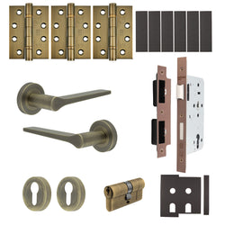 Tapera Antique Brass Lever on Rose Door Handle Kit - Heavy Duty FD30/60 - DIN Euro Sashlock and Double Cylinder - Keyed Alike - tradefit
