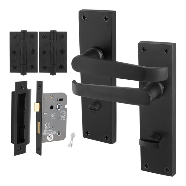 Straight Pattern Black Door Handle Pack - 80mm Bathroom Lock - tradefit - Featured Image